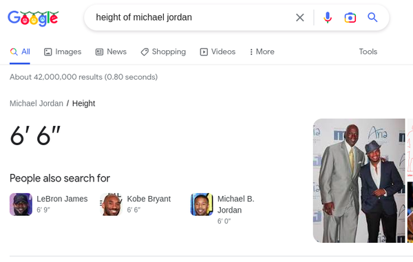 The Google search infographic when you lookup Michael Jordan's height. The
answer is right there, and there isn't even a need to look into one of the
search results.