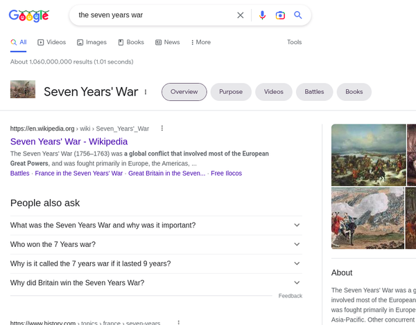 When you Google
<q>the seven years war</q> the top hit you get is Wikipedia.