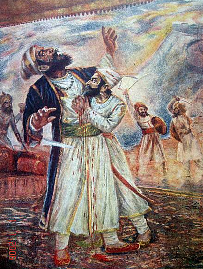 Shivaji disembowels Afzal Khan at their meeting.