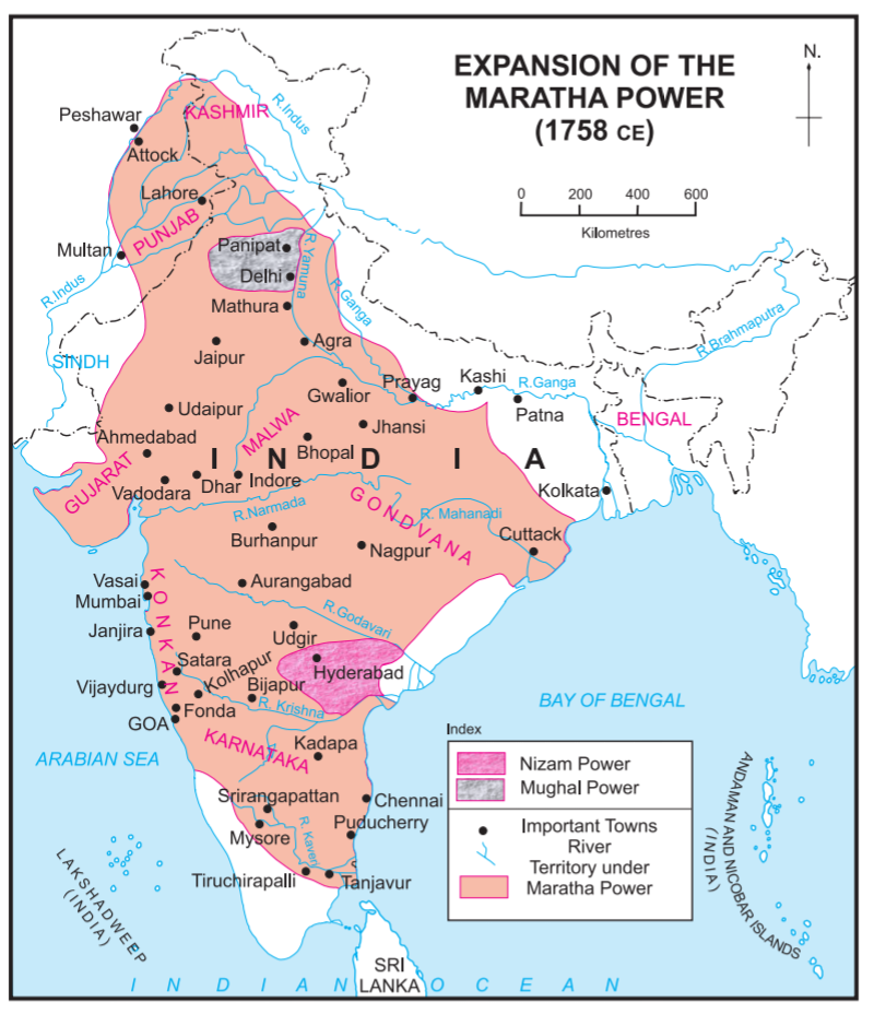 The extent of the Maratha Empire at its peak.