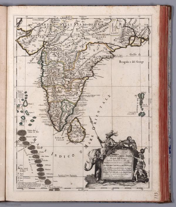 Map
  of India in 1692 by Giacomo Cantelli. This is the best map I could find that
  gave a lay of the land. As you can see, the large mass in the north is the
  Mughal Empire. The green bordered land to the southwest is the Bijapur
  Sultanate, and then you have the Golconda Sultanate to the east. David Rumsey
  Map Collection, David Rumsey Map Center, Stanford Libraries.