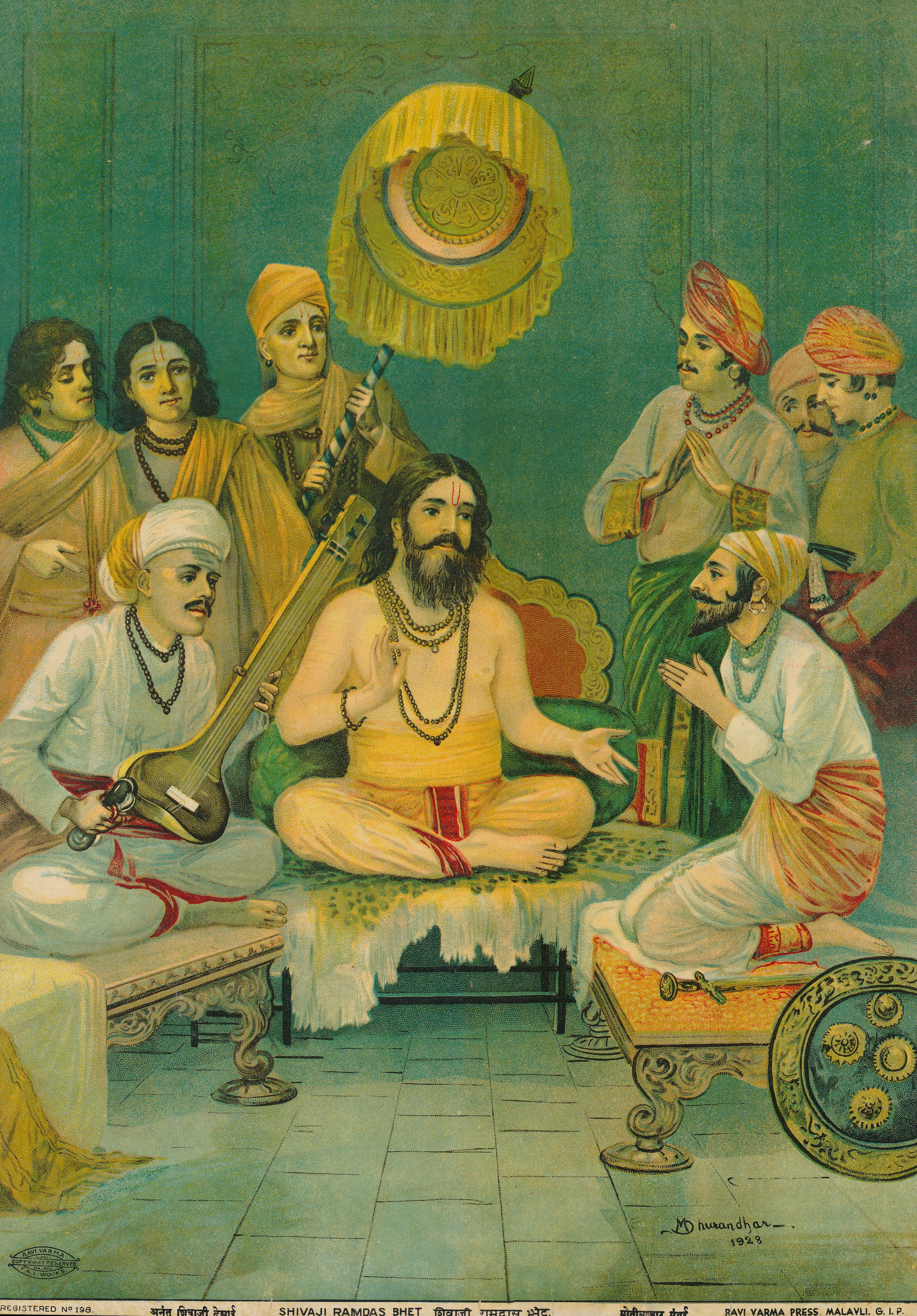 Shivaji in audience with his guru, Ramdas.