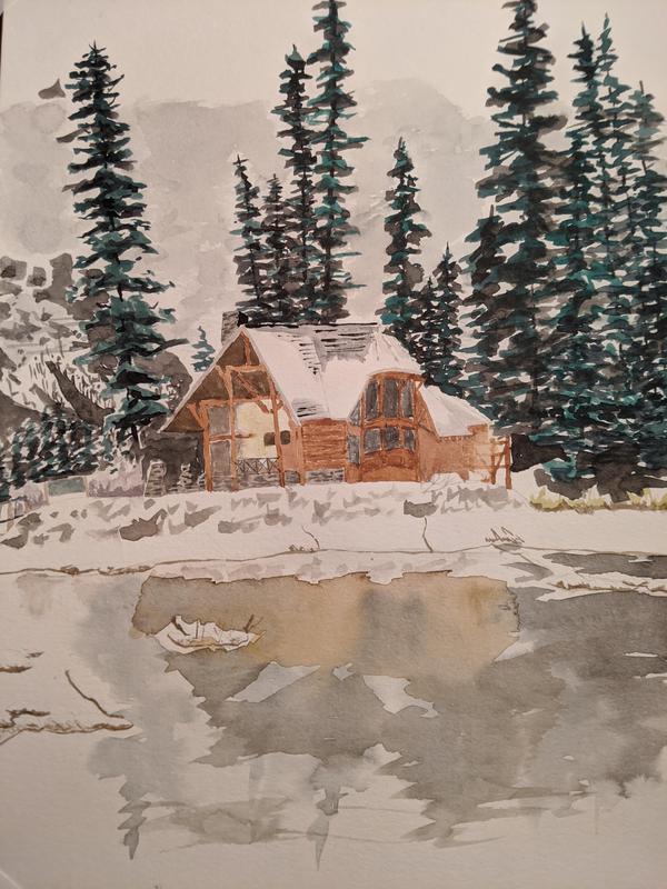 Watercolor painting of a winter cabin